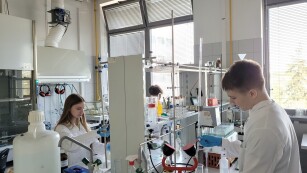 Uczniowie w trakcie wykonywania miareczkowania alkacymetrycznym próbki mleka mianowanym roztworem wodorotlenku sodu w obecności fenoloftaleiny jako wskaźnika